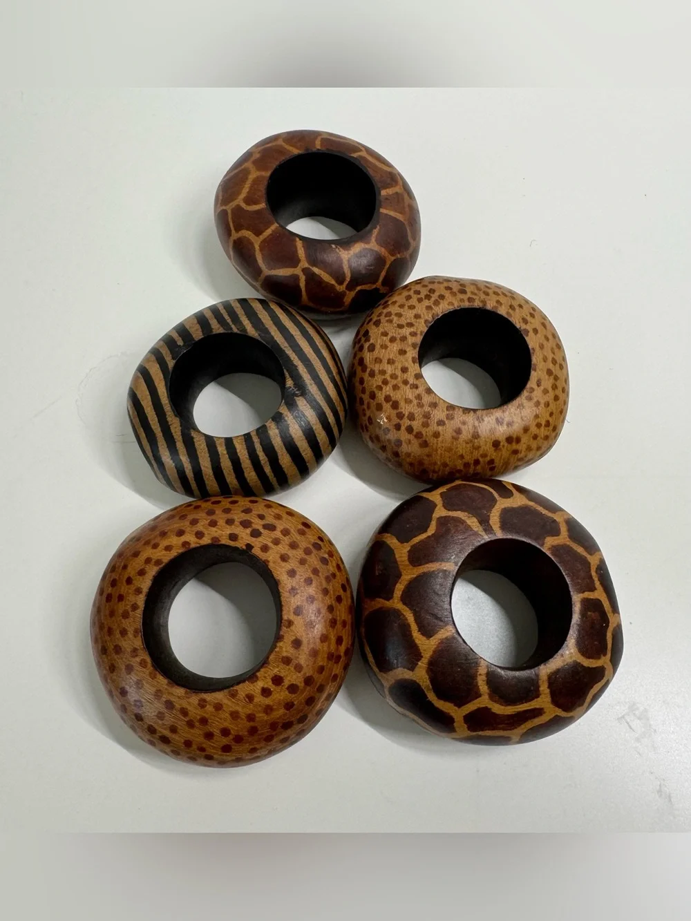 Vintage Hand Carved Mahogany Animal Print Wooden Napkin Rings- Set Of 5